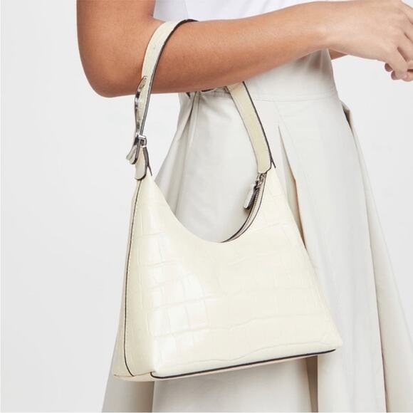 Staud Scotty Crocodile Embossed Monogram Leather Hobo Bag In Cream - Picture 2 of 8